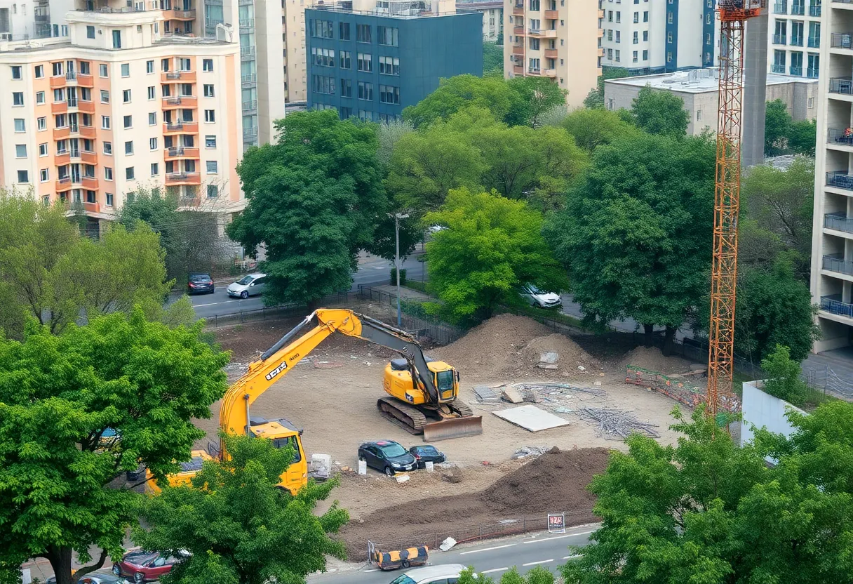 Construction site showing heavy machinery and urban environment