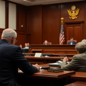 Courtroom setting during a veteran benefits fraud trial