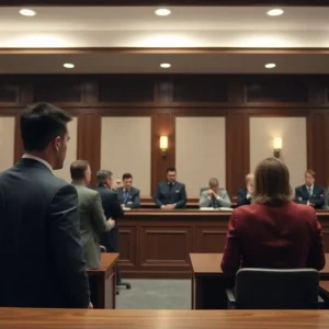 Courtroom during jury selection for a murder trial
