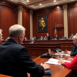 Judges and lawyers in a courtroom discussing legal proceedings.