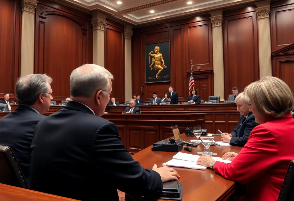 Judges and lawyers in a courtroom discussing legal proceedings.