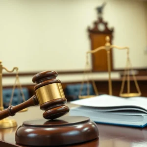 Courtroom scene illustrating legal proceedings related to child trafficking.