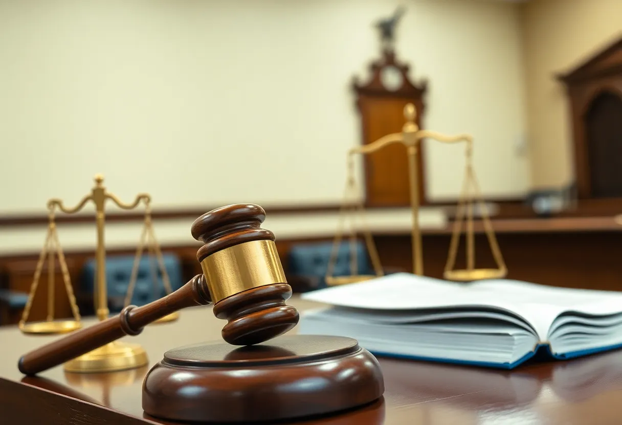 Courtroom scene illustrating legal proceedings related to child trafficking.