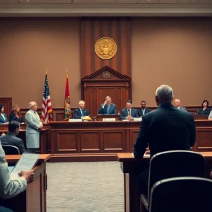 Courtroom scene representing a food assistance fraud case