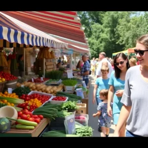 A lively farmers market scene with various vendors and visitors at Garden City Center in Cranston.