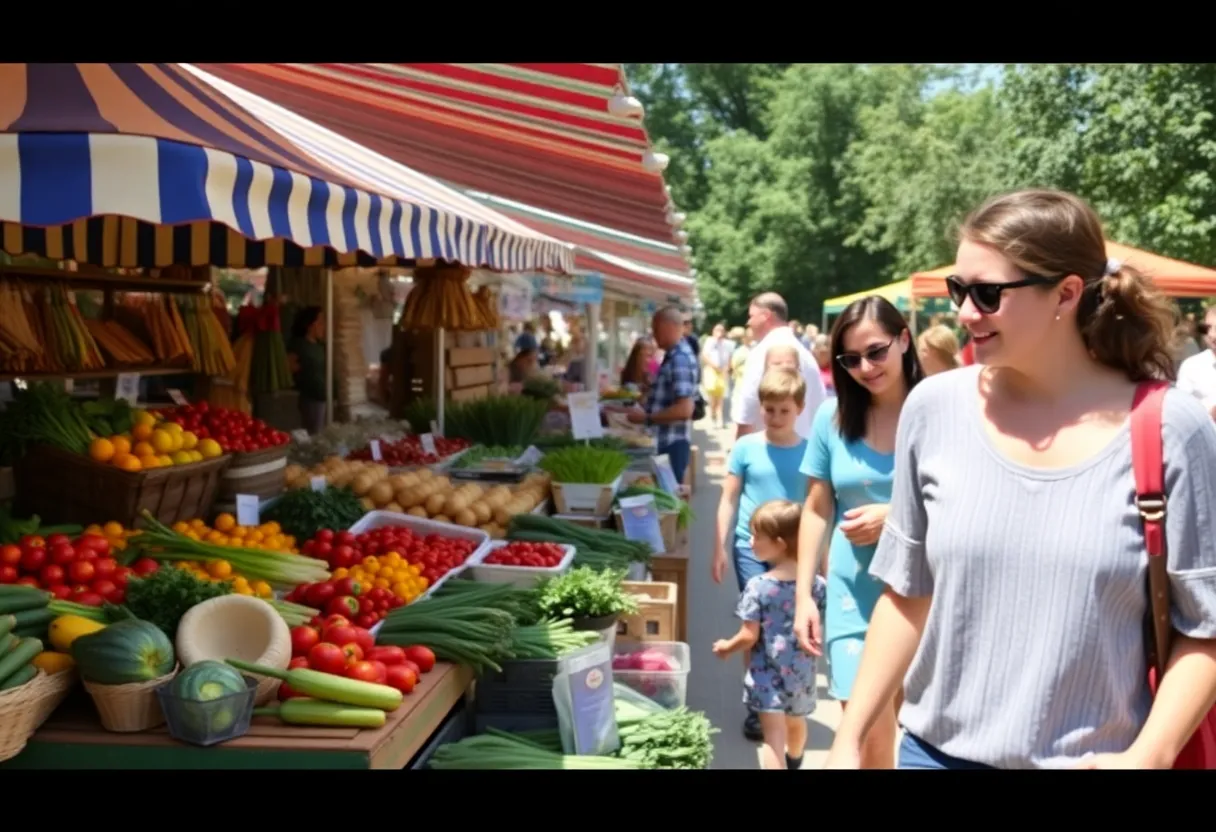 A lively farmers market scene with various vendors and visitors at Garden City Center in Cranston.