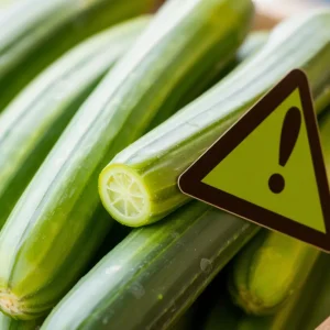 Cucumbers with a warning symbol about Salmonella contamination.