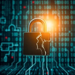 Illustration of a cybersecurity breach with a broken lock and data streams.