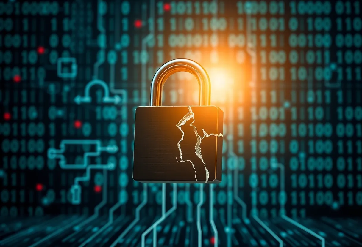 Illustration of a cybersecurity breach with a broken lock and data streams.