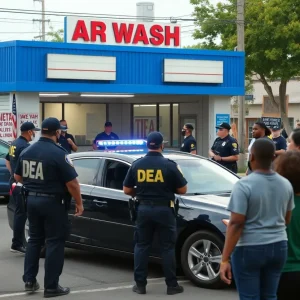 DEA agents at a car wash conducting a fentanyl seizure operation with police presence.