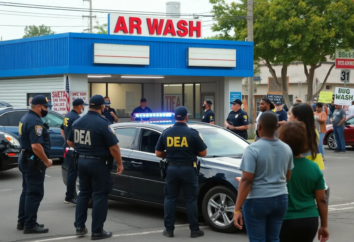 DEA agents at a car wash conducting a fentanyl seizure operation with police presence.