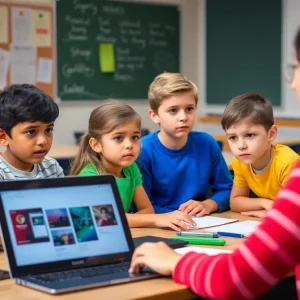 Students and teacher discussing Chromebook safety in a classroom.