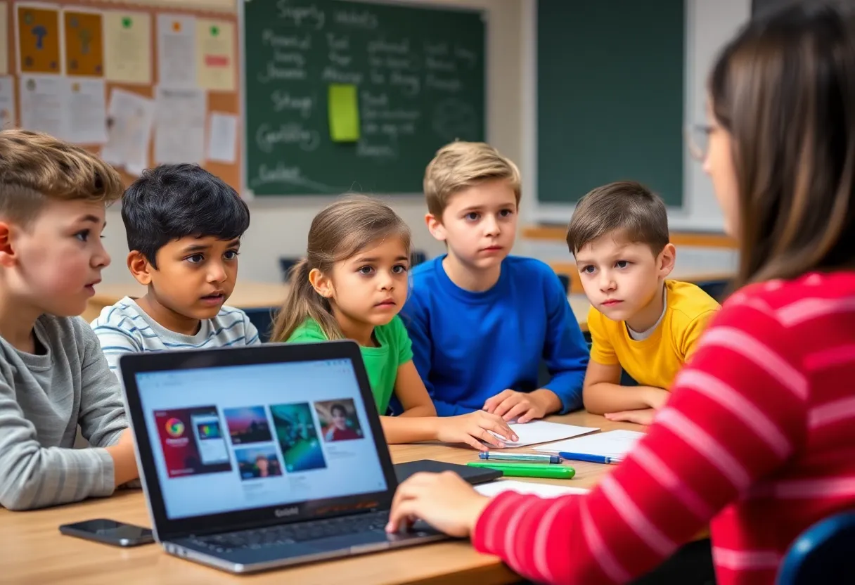 Students and teacher discussing Chromebook safety in a classroom.