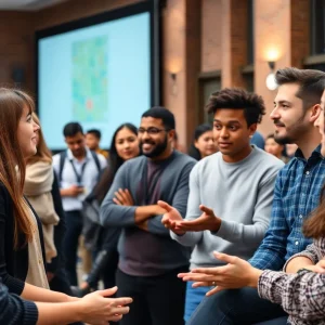 Students discussing historical issues at a university