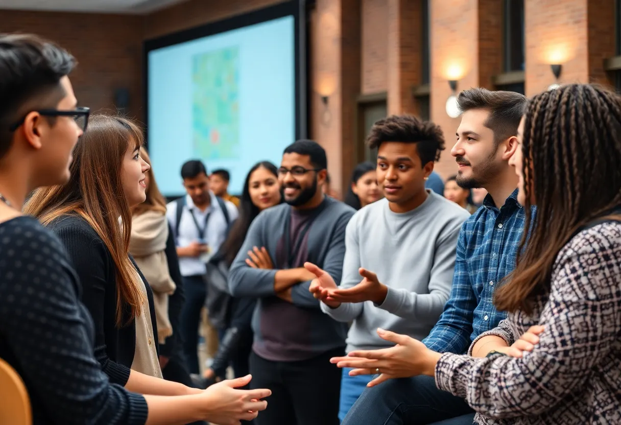 Students discussing historical issues at a university