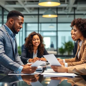 A diverse group of professionals collaborating in an office