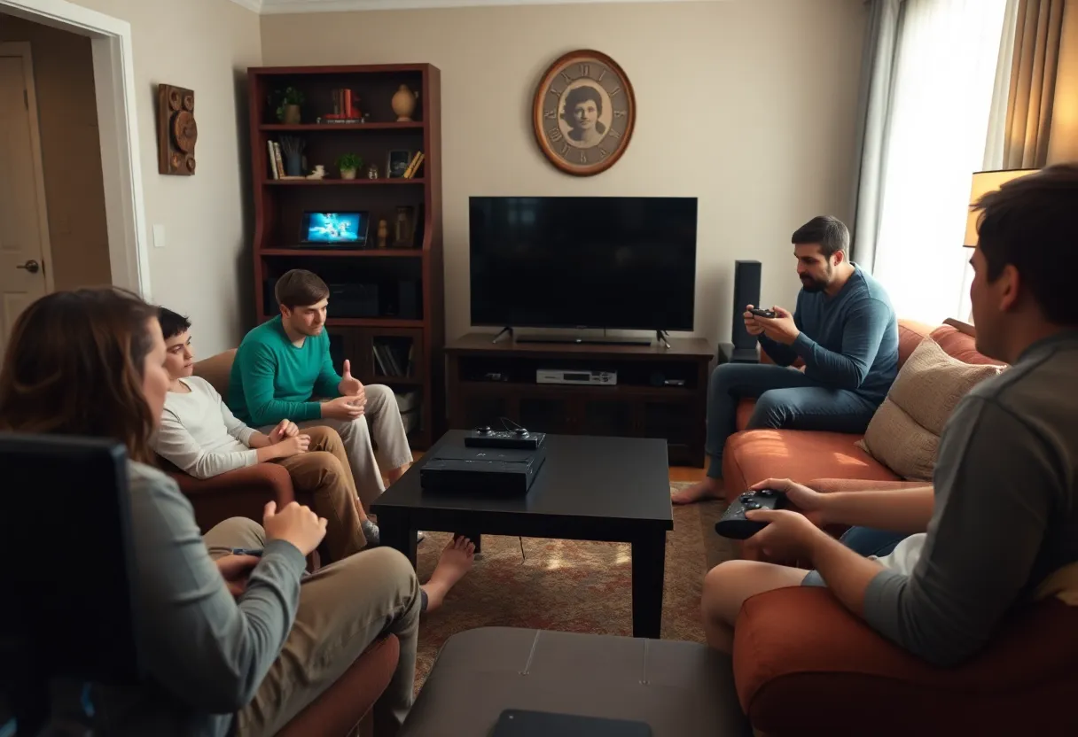 Scene depicting a family disagreement over video games indicative of domestic violence.