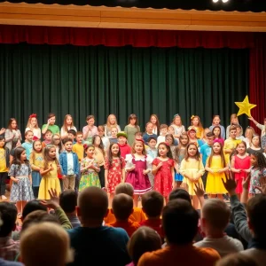 Students performing on stage during a Disney musical celebration.