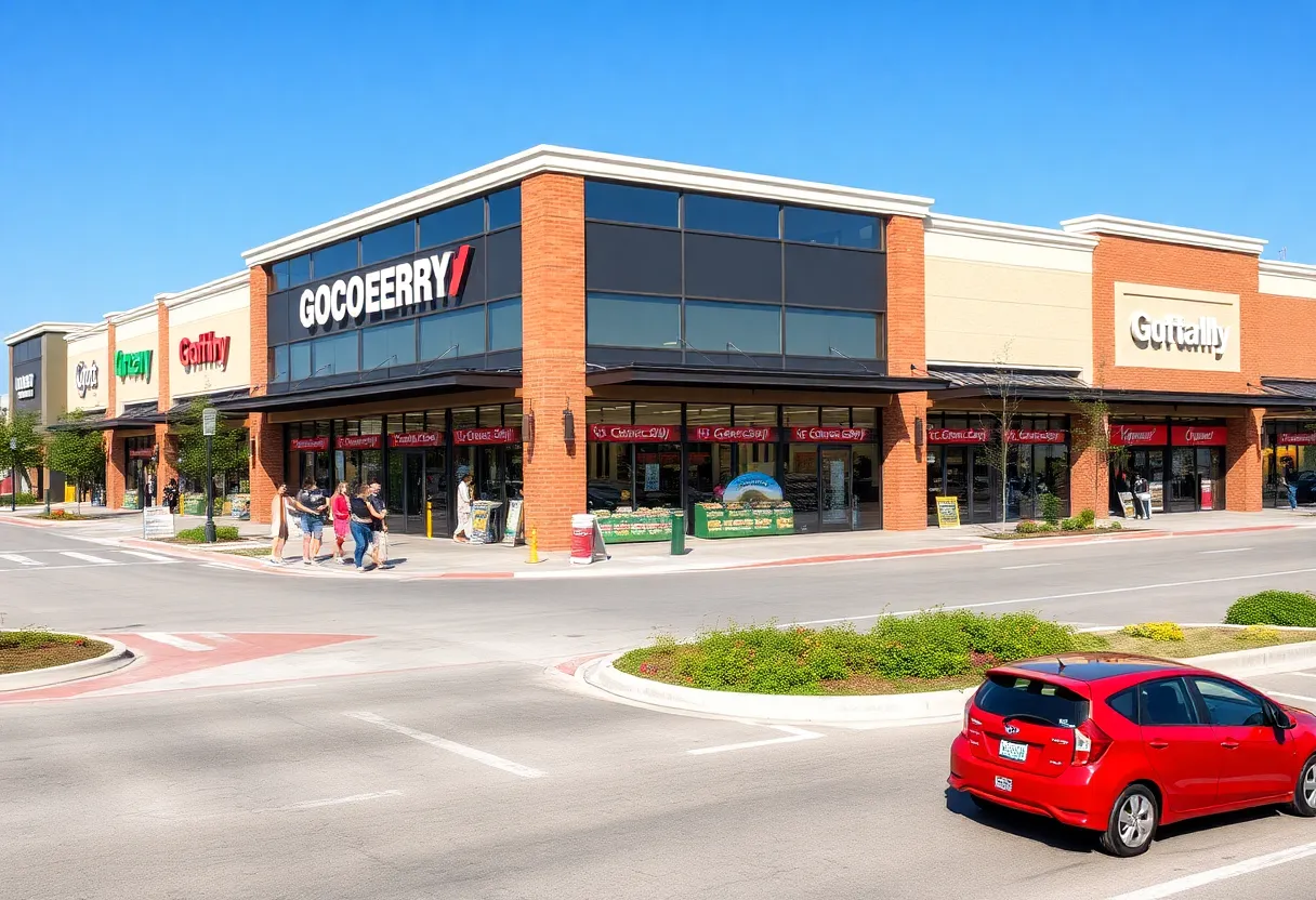 Exterior of grocery-anchored shopping center with active shoppers