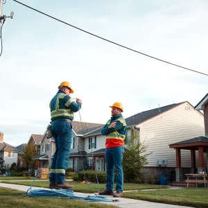Fiber internet installation workers in a Rhode Island neighborhood