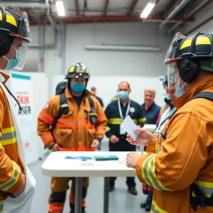 Firefighters participating in a skin cancer screening clinic