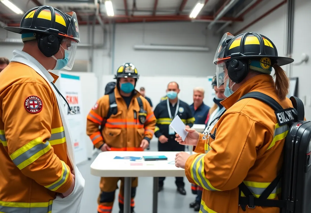 Firefighters participating in a skin cancer screening clinic
