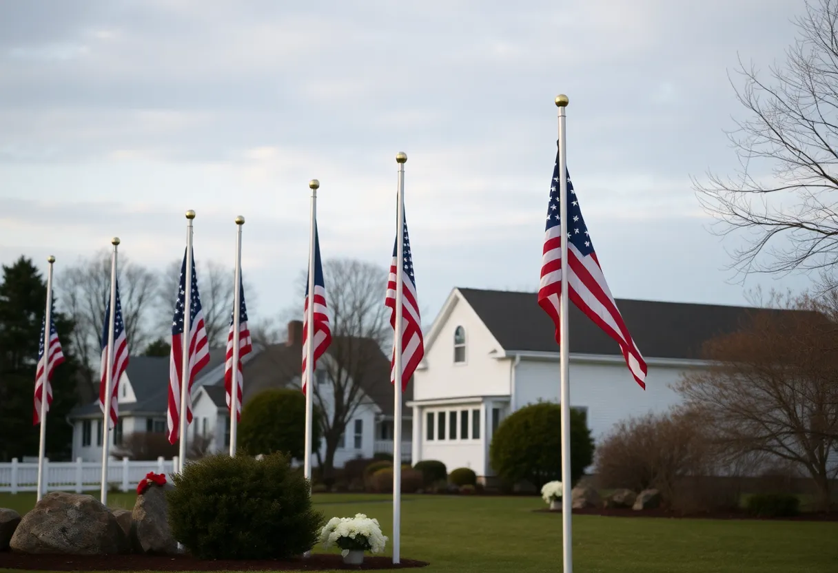 Flags flying at half-staff in a public space in Rhode Island