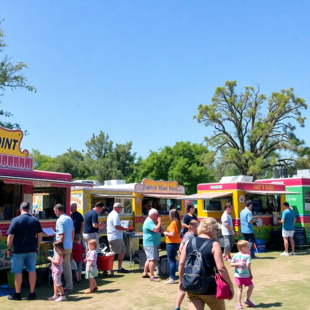 Families enjoying Food Truck Fridays with various food trucks in the background
