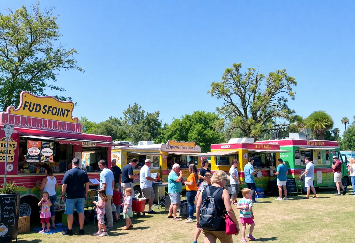 Families enjoying Food Truck Fridays with various food trucks in the background