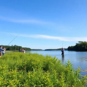 Anglers fishing at a Rhode Island lake