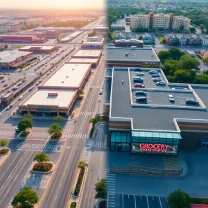 Aerial view of grocery-anchored shopping centers showcasing retail diversity