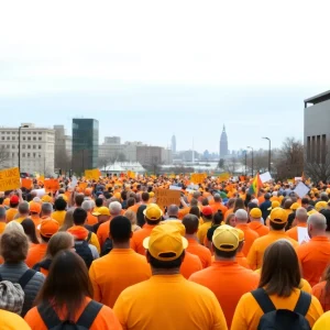 Attendees at a gun safety fundraising event in Providence, wearing orange and yellow.