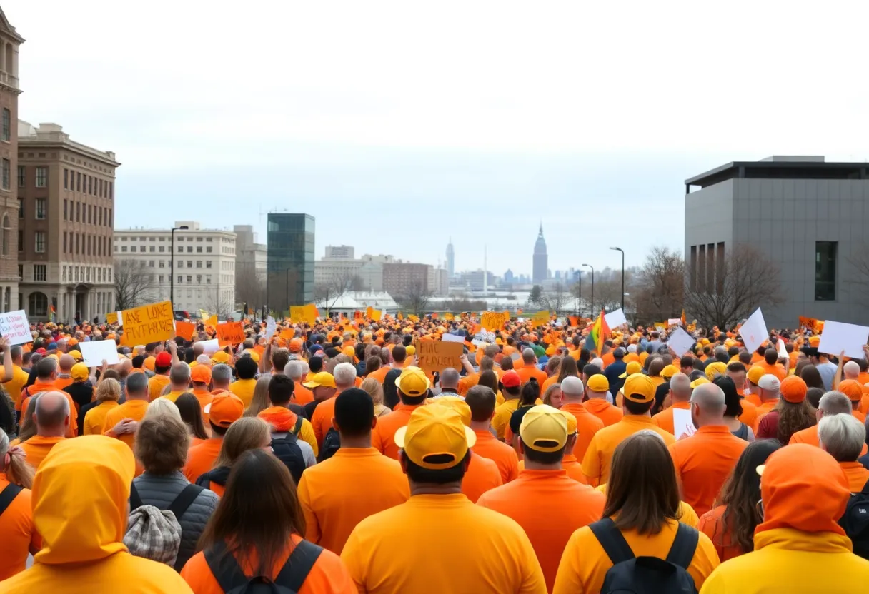 Attendees at a gun safety fundraising event in Providence, wearing orange and yellow.