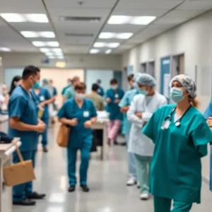 Healthcare professionals working in a busy facility