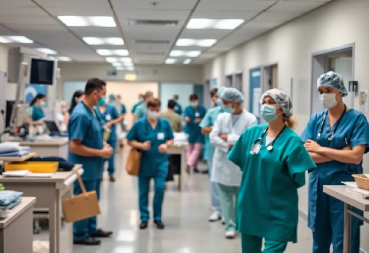Healthcare professionals working in a busy facility
