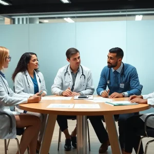 Divers healthcare professionals discussing non-profit executive pay transparency in an office environment.