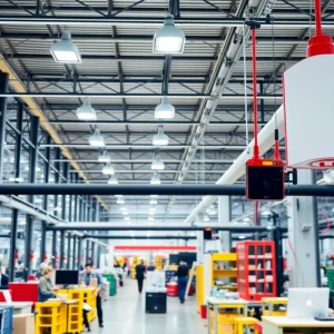 Exterior view of Hexagon's facility in Rhode Island with energy-saving lighting.