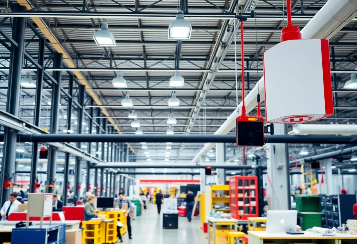 Exterior view of Hexagon's facility in Rhode Island with energy-saving lighting.