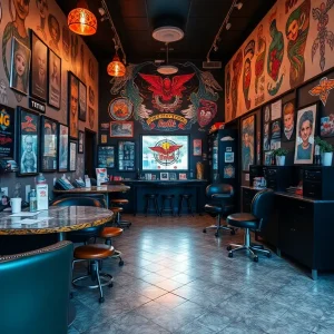 Interior view of Iron Lion Tattoo Studio featuring custom tattoo artwork.