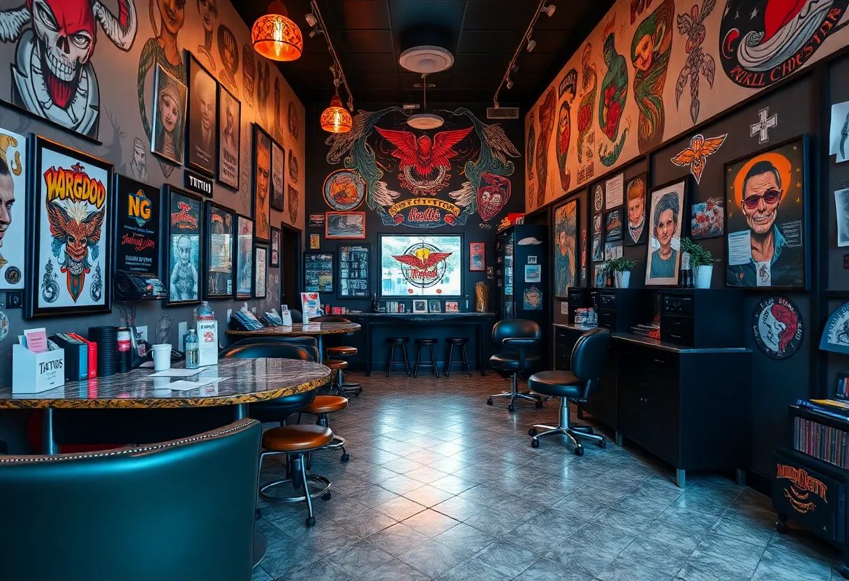 Interior view of Iron Lion Tattoo Studio featuring custom tattoo artwork.