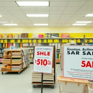 Interior of a Joann Fabrics store with sale signs during closing clearance.