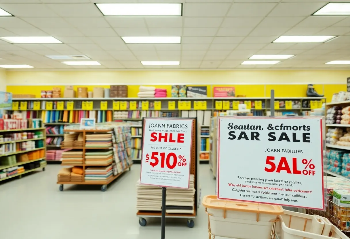Interior of a Joann Fabrics store with sale signs during closing clearance.