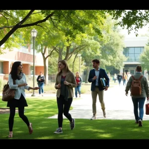 A view of Johnson & Wales University campus with students engaged in learning.
