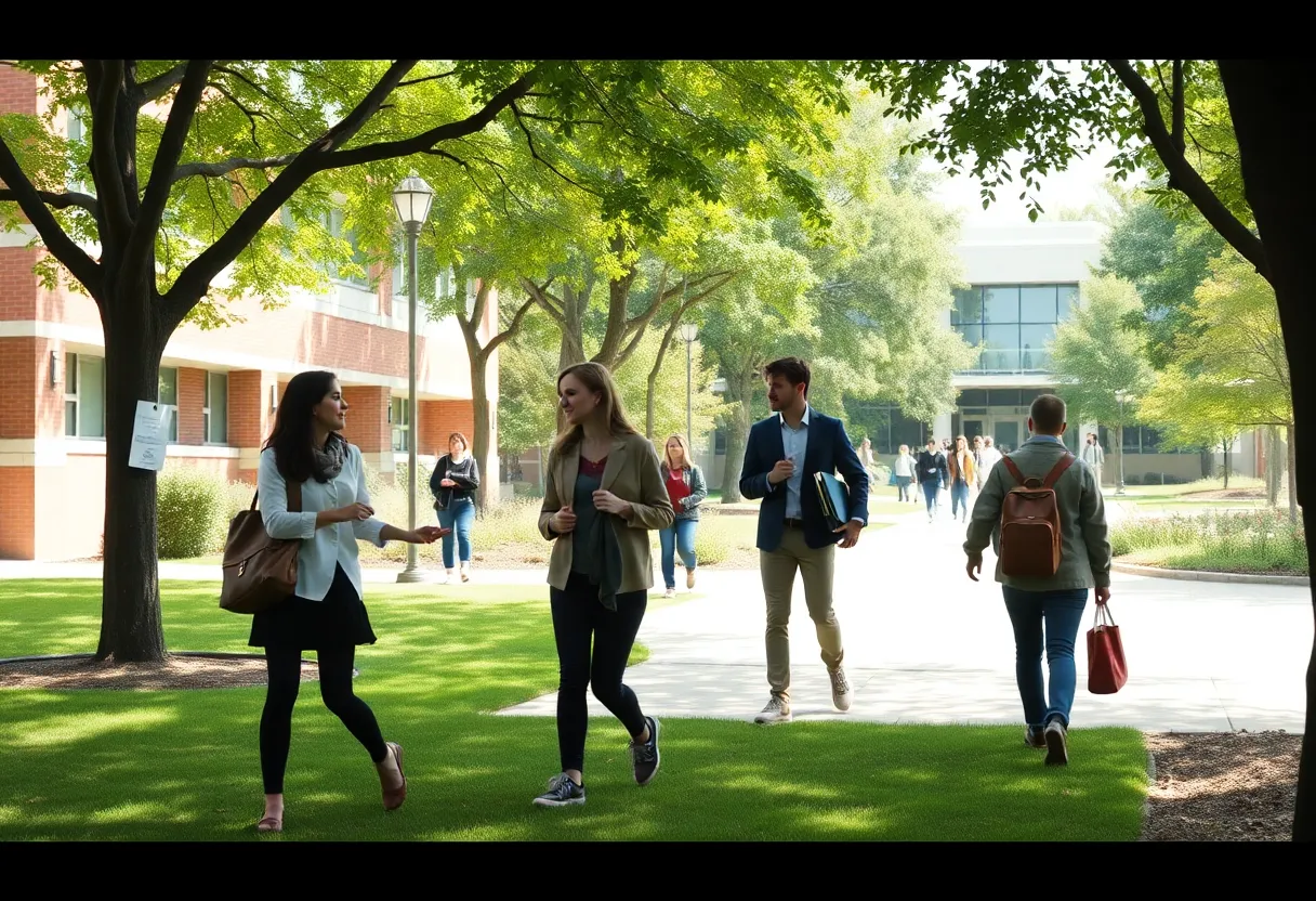 A view of Johnson & Wales University campus with students engaged in learning.