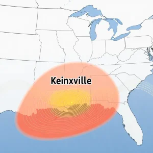 Map of Southeastern U.S. with earthquake impact areas highlighted