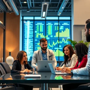 Office space depicting fintech innovation with professionals collaborating.