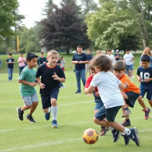 Young boys playing flag football at a mentoring program launch event.