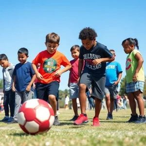 Boys participating in a mentoring initiative during a flag football game.
