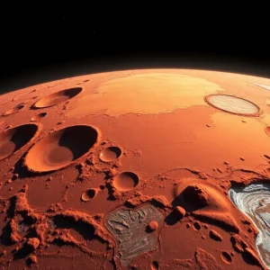 Illustration of Mars showing ejecta blankets and subsurface features.