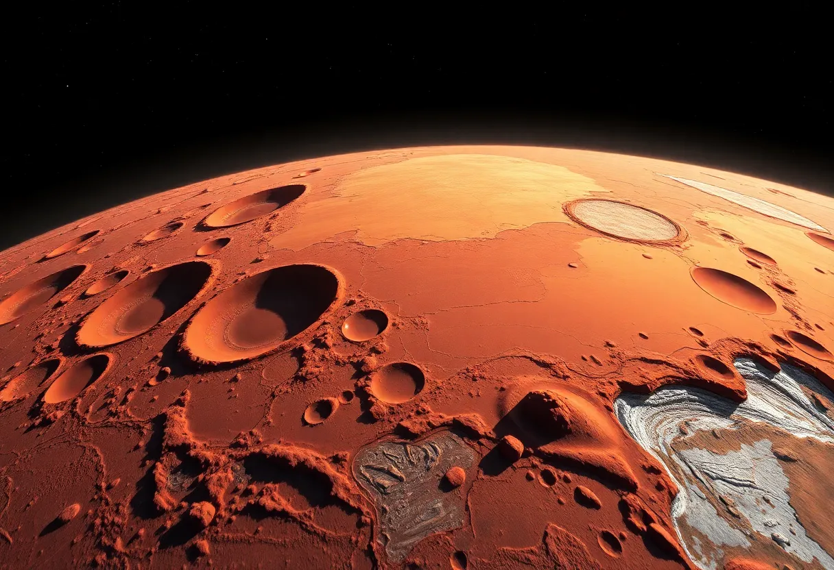 Illustration of Mars showing ejecta blankets and subsurface features.